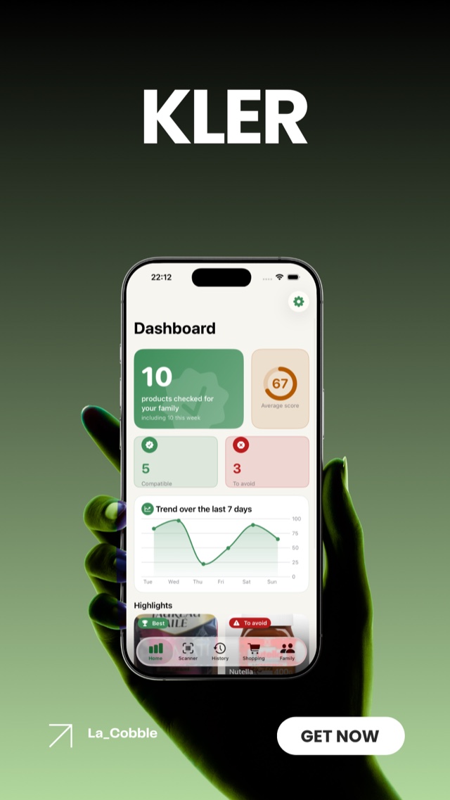 Tableau de bord Kler avec score moyen, produits vérifiés et tendance sur 7 jours
