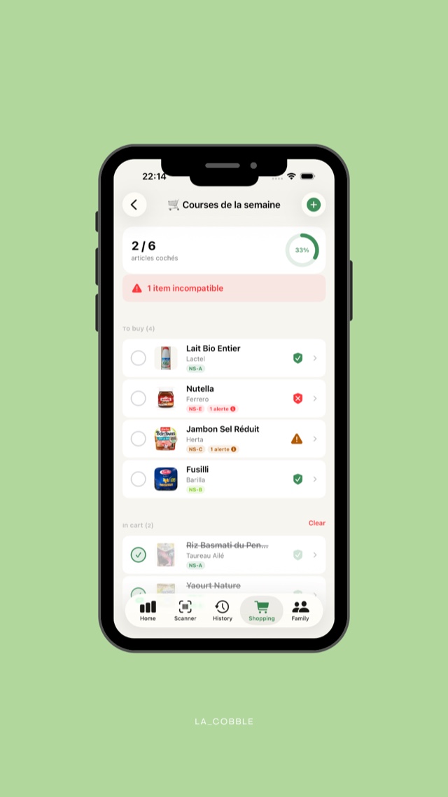 Liste de courses Kler avec compatibilité vérifiée pour chaque article